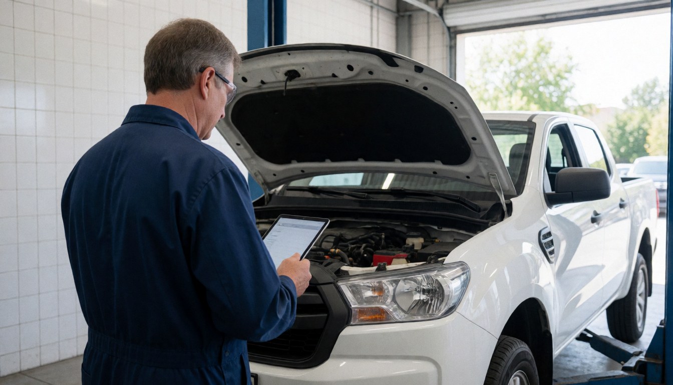 Mechanic in uniform checks white truck engine with tablet in workshop with white tiled walls