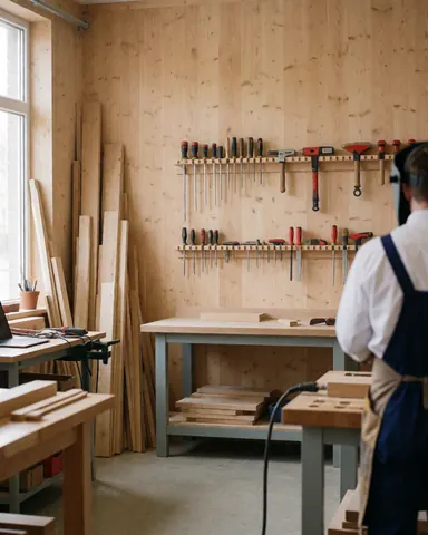 Carpenter wearing an apron working in a workshop with tools and wooden planks, wooden walls, and natural light.