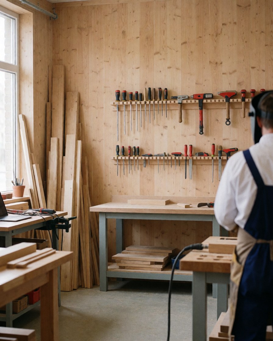 Carpenter wearing an apron working in a workshop with tools and wooden planks, wooden walls, and natural light.
