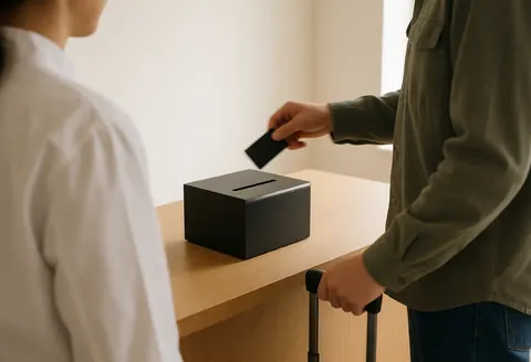 Guest hand placing a key into a black reception drop box at an apartment hotel entrance