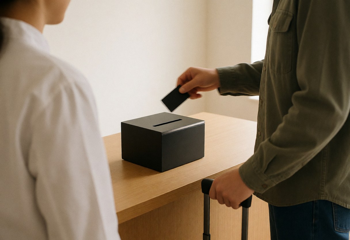Guest hand placing a key into a black reception drop box at an apartment hotel entrance