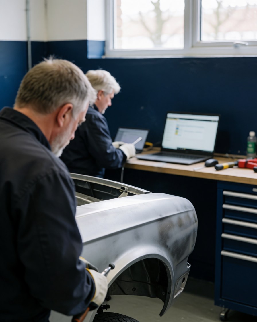 A fender prepared for painting in an auto repair shop with tools, a computer, and blue walls visible in the background.