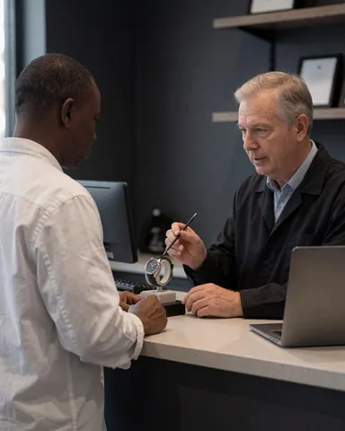 A watch repair specialist calibrating a watch while explaining the process to a customer in a professional workshop setting