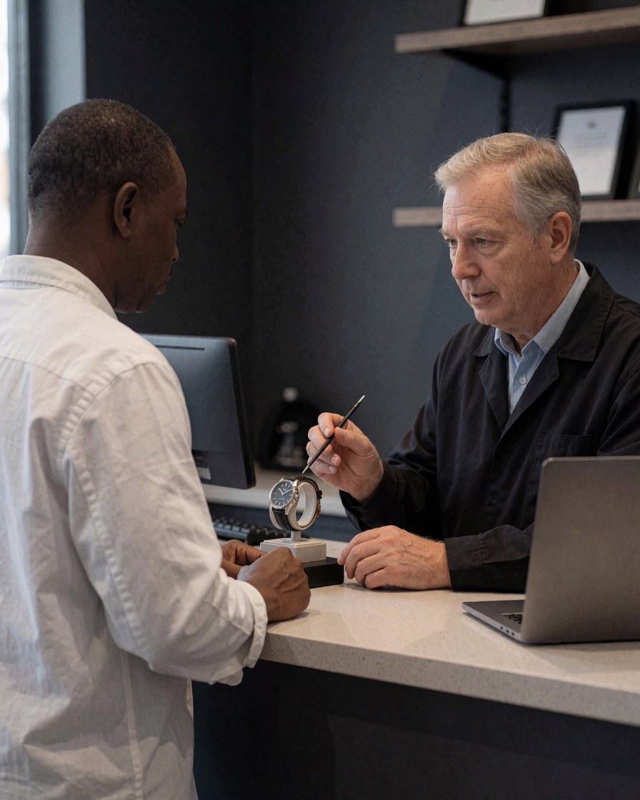 A watch repair specialist calibrating a watch while explaining the process to a customer in a professional workshop setting