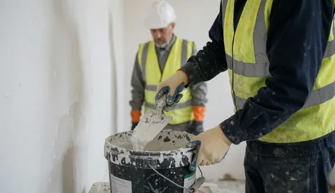 A worker mixing white cement with a shovel in a bathroom, wearing safety gear including a helmet, vest, and gloves.