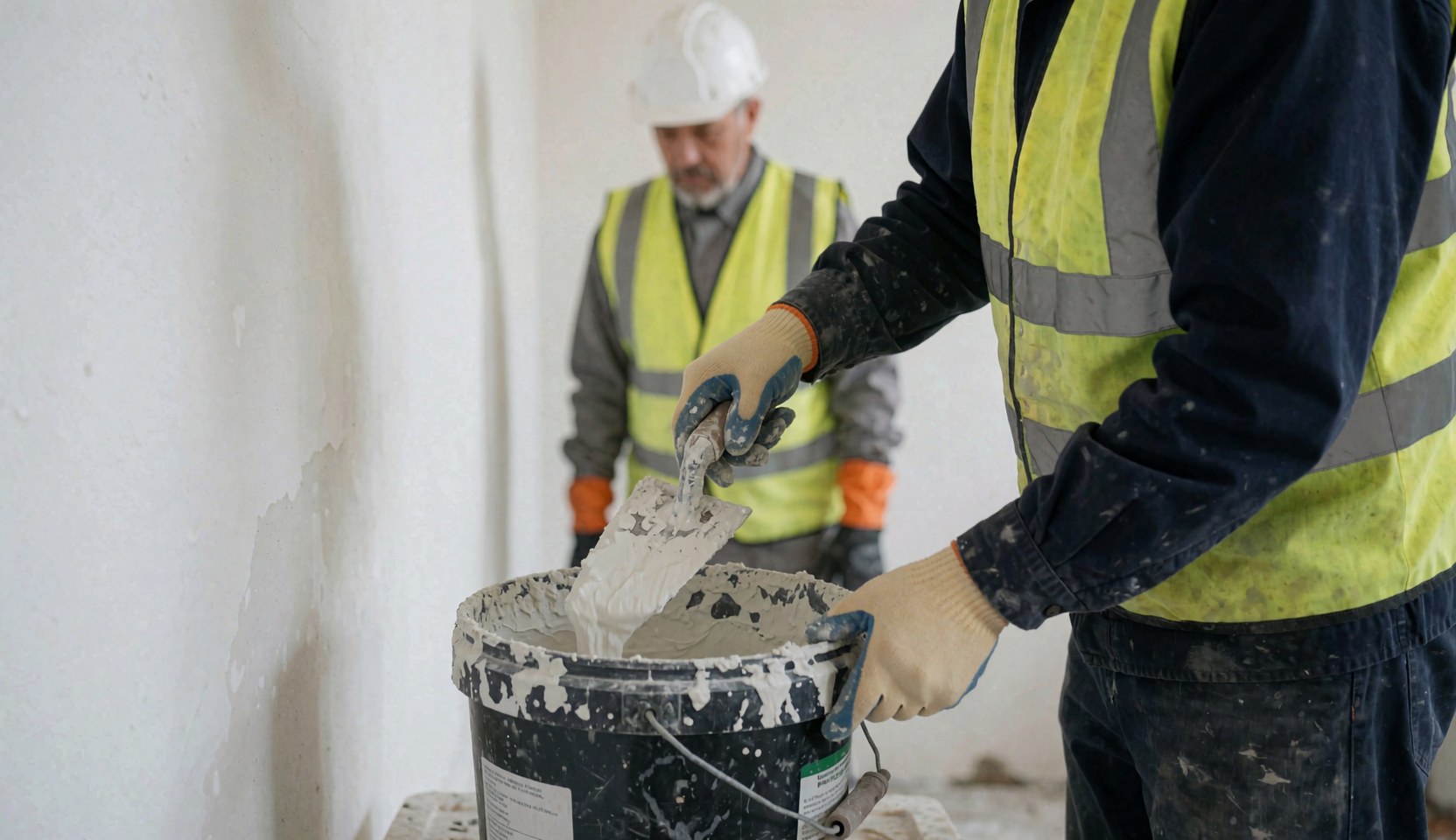 A worker mixing white cement with a shovel in a bathroom, wearing safety gear including a helmet, vest, and gloves.