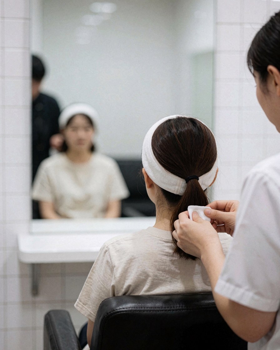 Therapist applying facial product to client seated in chair with white headband, mirror and white tiled walls in beauty salon