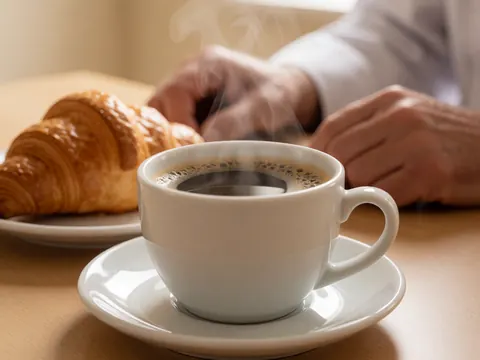 Close-up of steaming black coffee in a white cup with a golden croissant on a plate, warm bakery lighting