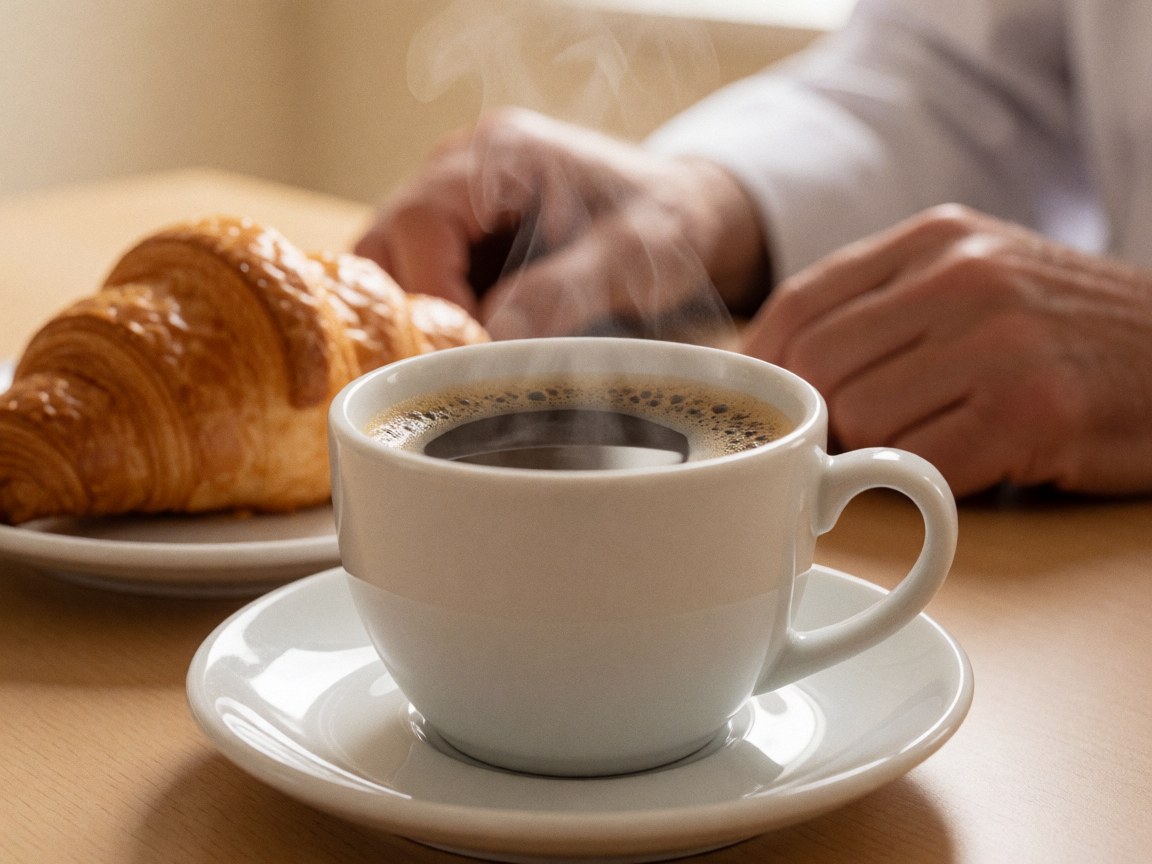 Close-up of steaming black coffee in a white cup with a golden croissant on a plate, warm bakery lighting