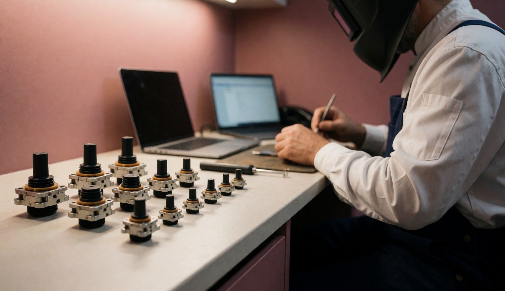 Close-up of hands using tools to fix analog sticks on a game controller during a console repair service.