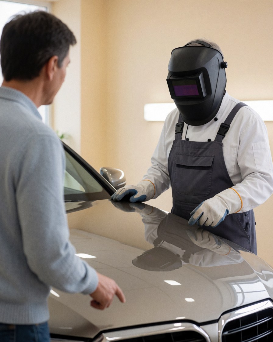A customer points at the glossy finish of a car hood while a technician wearing a welding helmet stands nearby in an auto body shop.