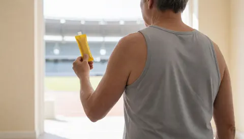 Athlete holding yellow energy gel in front of track with beige walls