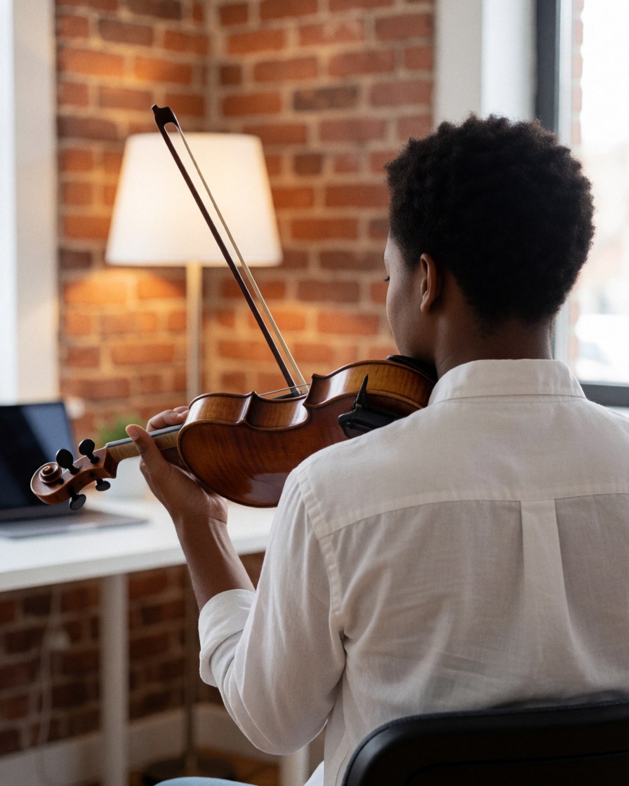 A student practicing the violin in a music studio with a brick wall and warm lighting