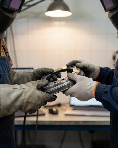 Close-up of gloved hands checking a welded metal component in an industrial workshop setting