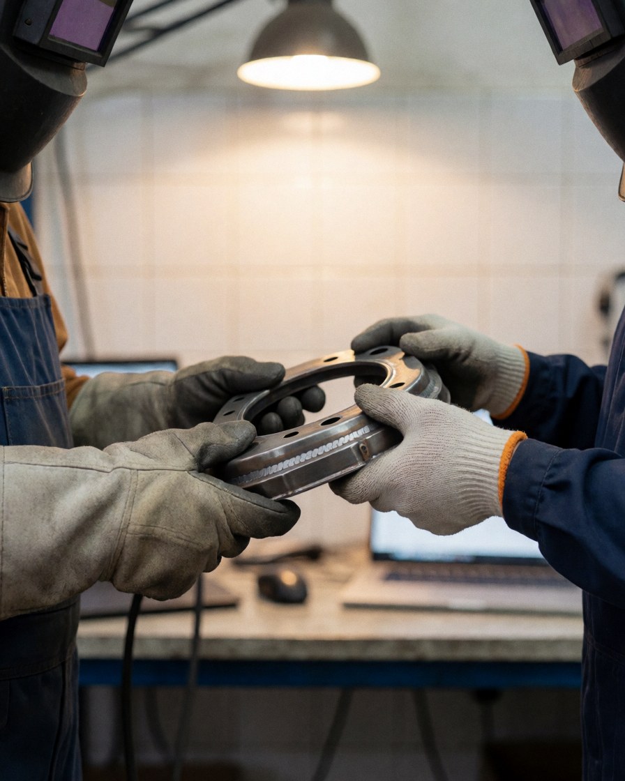 Close-up of gloved hands checking a welded metal component in an industrial workshop setting