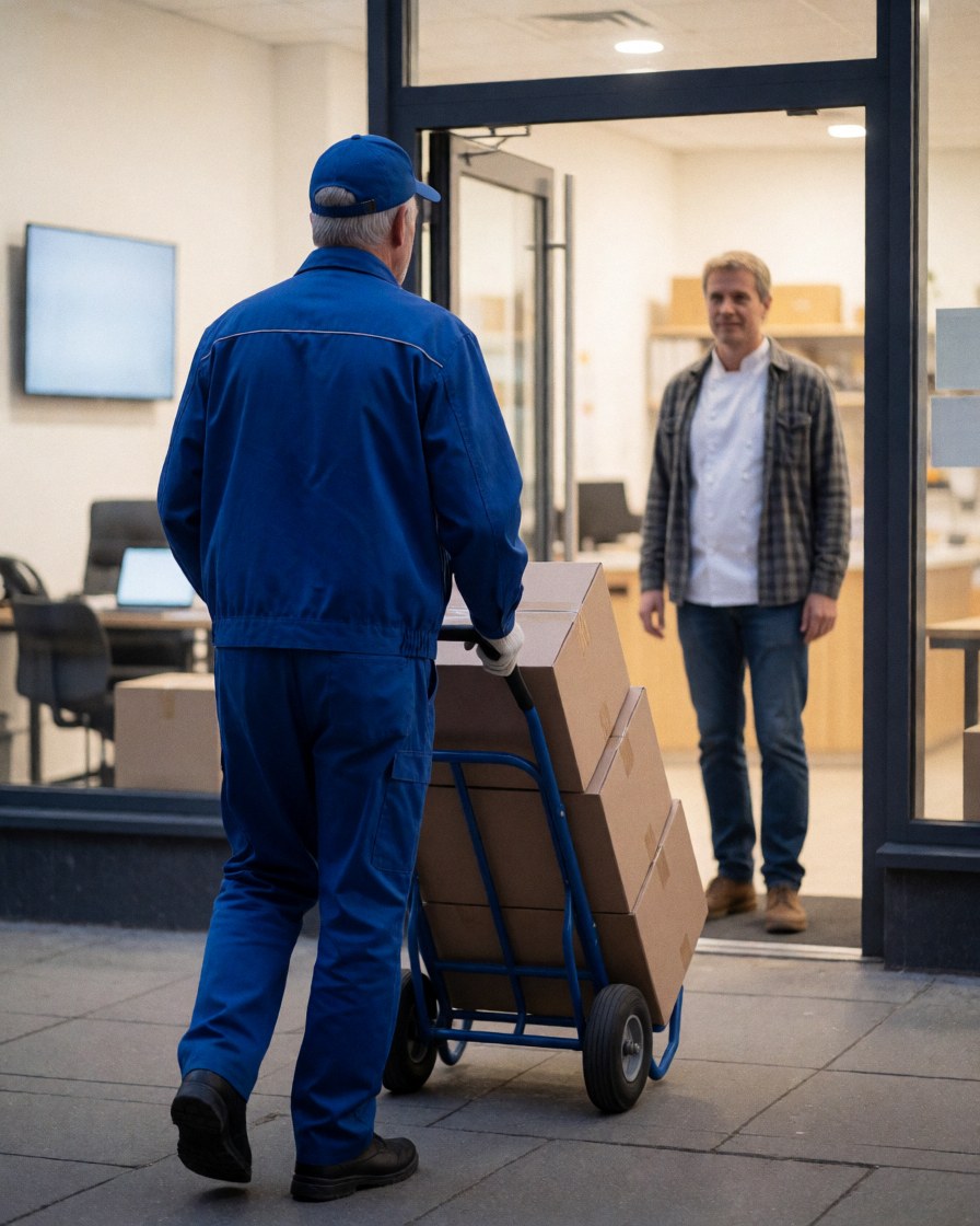 Delivery driver with blue cart carrying cardboard boxes to a glass door for a waiting customer