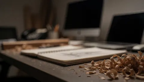 Wood shavings and a sketchbook on a workbench in a carpentry workshop with computers in the background