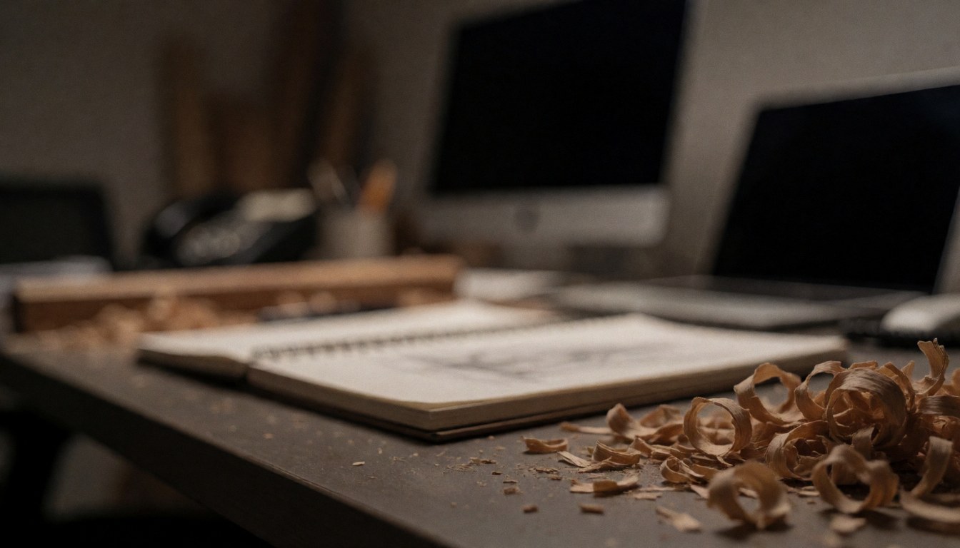 Wood shavings and a sketchbook on a workbench in a carpentry workshop with computers in the background