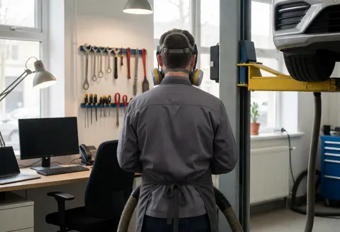 Worker wearing respirator and extraction hoses standing near a car on a lift in an auto paint shop with tools on the wall