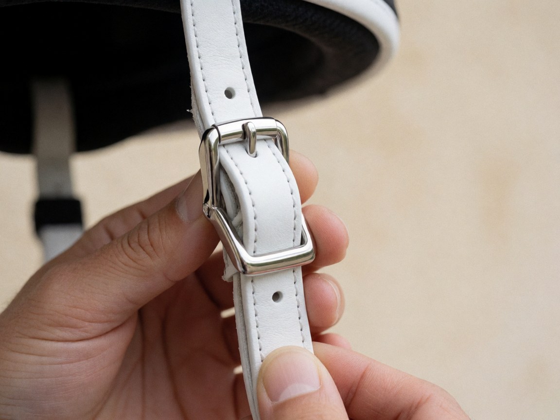Hand adjusting the metal buckle on a white equestrian helmet strap against a stable wall background with natural light.