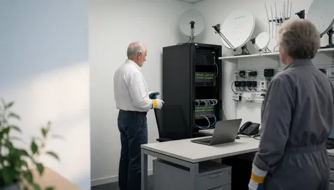 Technician checking a server rack in a technical office with visible satellite antennas and network cables.