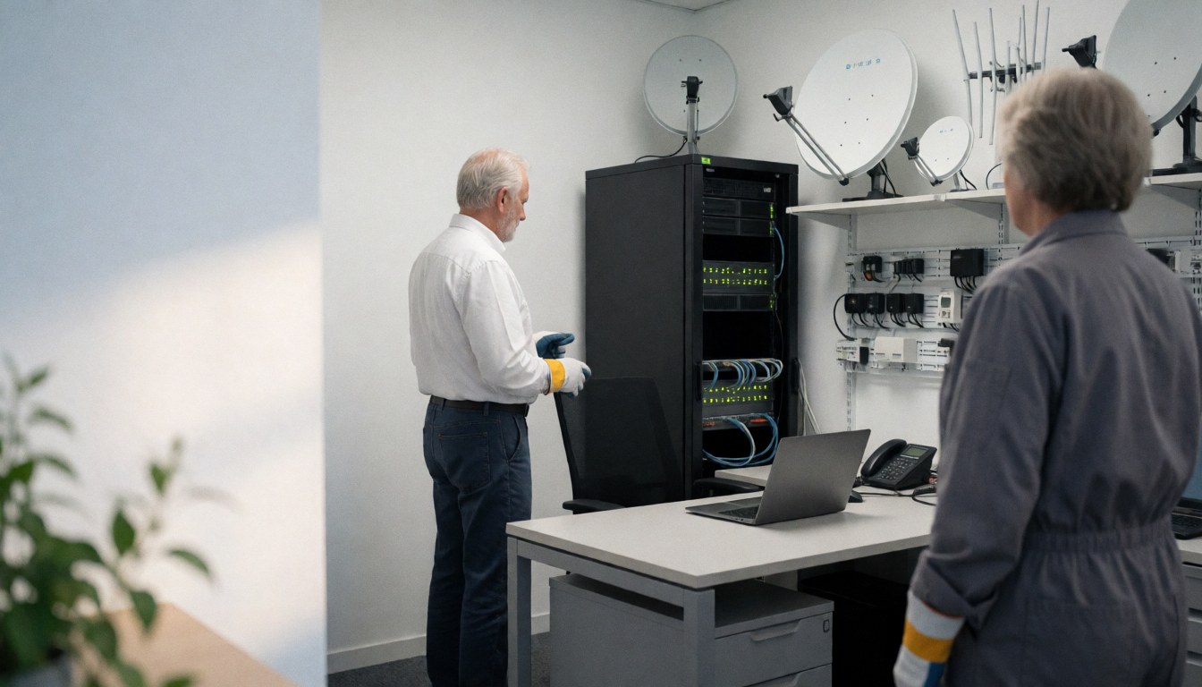 Technician checking a server rack in a technical office with visible satellite antennas and network cables.
