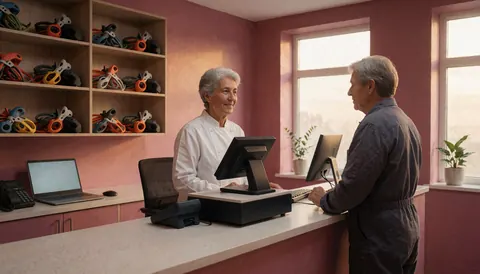 Clerk and customer in climbing store with helmets and gear on shelves, pink walls and sunset light