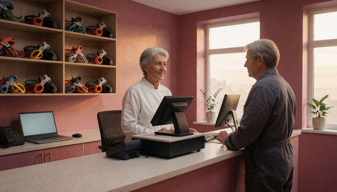 Clerk and customer in climbing store with helmets and gear on shelves, pink walls and sunset light