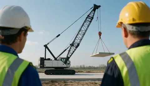 A wheel crane lifts a large cement block while workers in hard hats and safety vests observe the operation at a construction site.
