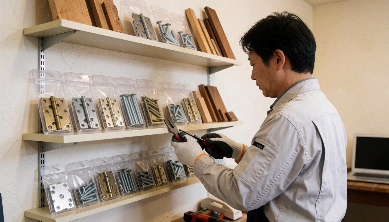 Furniture repair workshop with hardware in packages, a professional reviews tools, clean and organized walls.