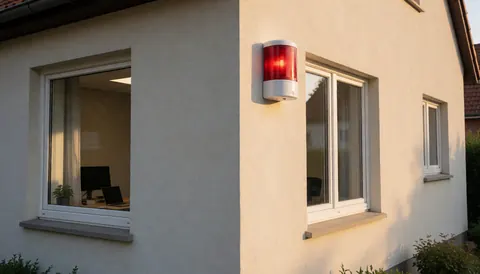 Red and white alarm siren mounted on an exterior house wall with warm sunset light and a window showing an office interior.