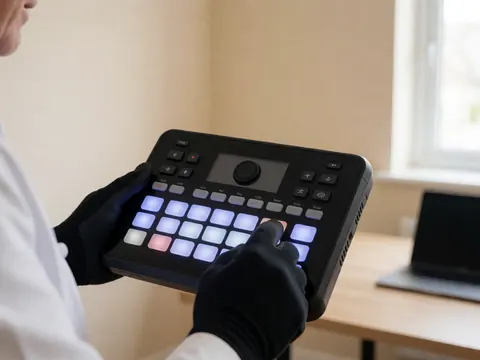 Close-up of a gloved hand pressing illuminated buttons on a professional lighting controller against a beige wall
