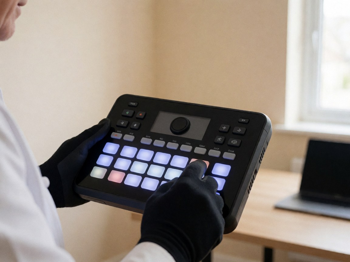 Close-up of a gloved hand pressing illuminated buttons on a professional lighting controller against a beige wall