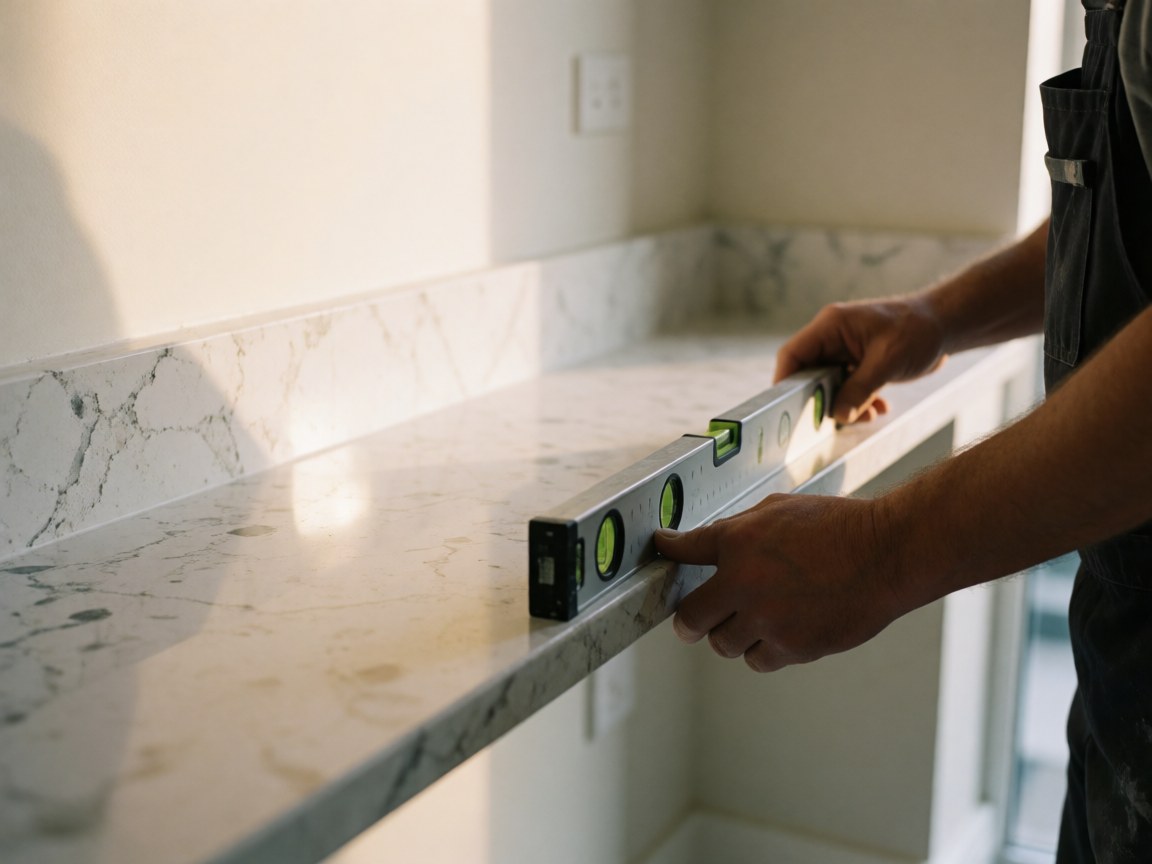 Close-up of a leveler tool resting on a white marble countertop with natural light and white walls.