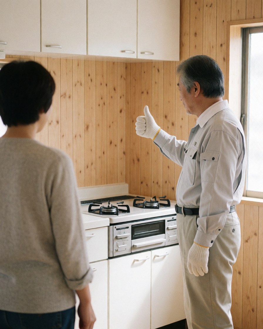 A technician wearing gloves gives a thumbs up to a customer in front of a new stove in a kitchen with light wood walls.