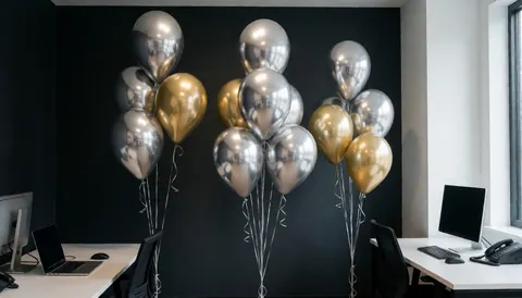 Silver and gold balloons decorate a modern office with desks and computers, ideal for corporate events.