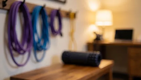 Purple and blue stretching ropes hanging on a wall with a black massage roller on a wooden bench for a CrossFit recovery zone