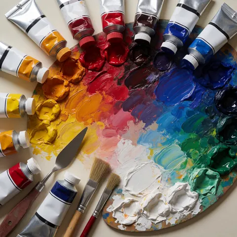 Paint palette featuring vibrant mixed colors alongside paint tubes and brushes, ideal for art courses.