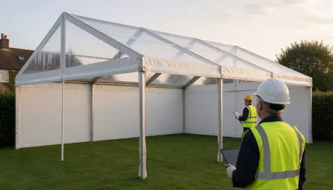 Two workers wearing helmets and vests install a transparent tent in a garden for outdoor events