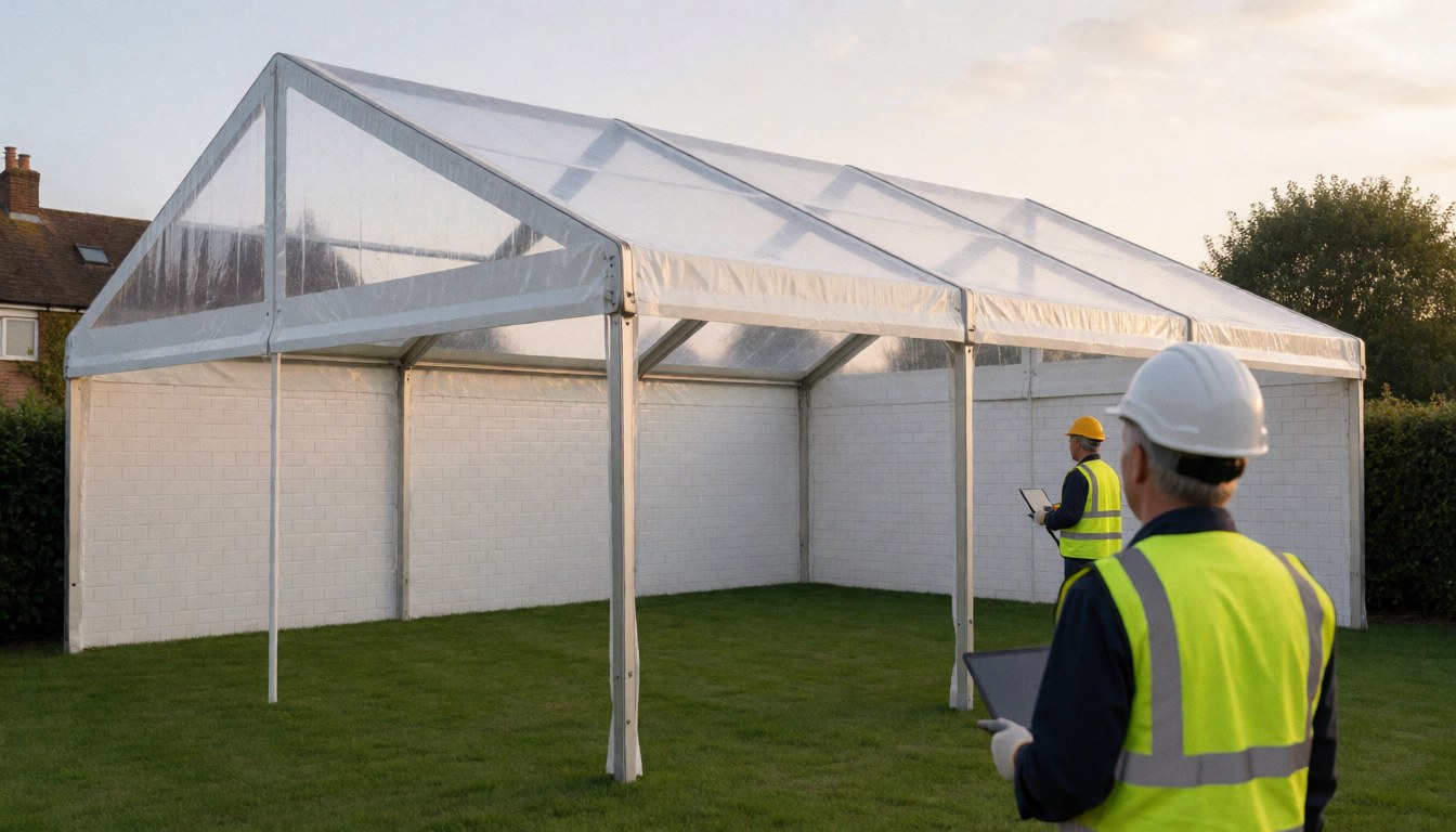 Two workers wearing helmets and vests install a transparent tent in a garden for outdoor events