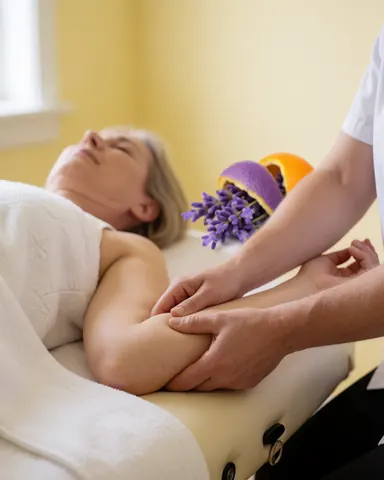 Close-up of hands massaging a client's arm using lavender and orange oil in a softly lit room with yellow walls