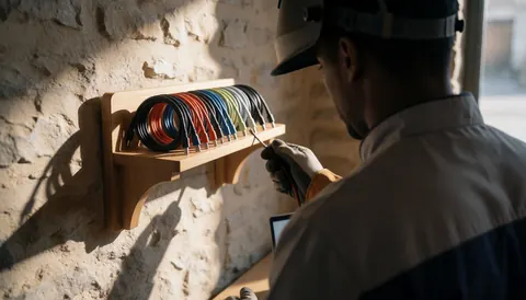 Charging cables neatly organized on a rustic stone wall with dramatic sunlight and shadows in a mountain hut service setting
