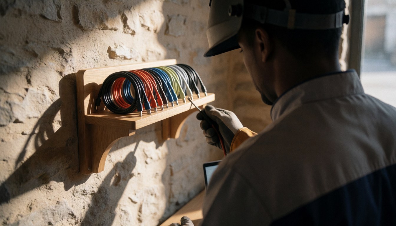 Charging cables neatly organized on a rustic stone wall with dramatic sunlight and shadows in a mountain hut service setting