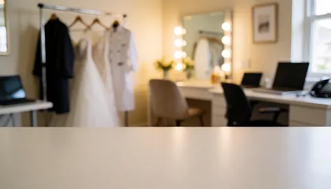 Background featuring wedding attire, groom's clothing, and a lighted mirror, ideal for wedding planner advertisements