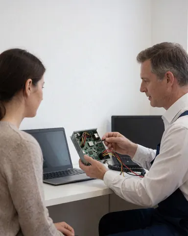 A technician holds up a repaired circuit board to show a client in a white-walled office during a TV repair service.