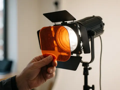 Close-up of a hand holding an orange gel filter over a studio light in a professional photography studio with warm white walls.