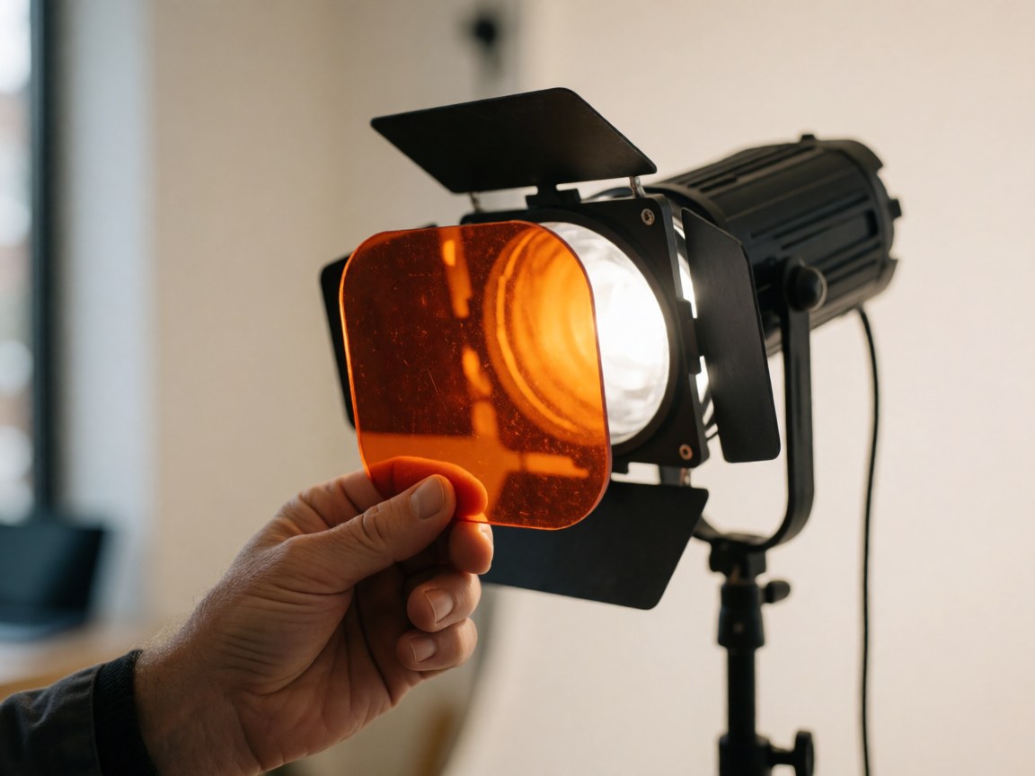Close-up of a hand holding an orange gel filter over a studio light in a professional photography studio with warm white walls.