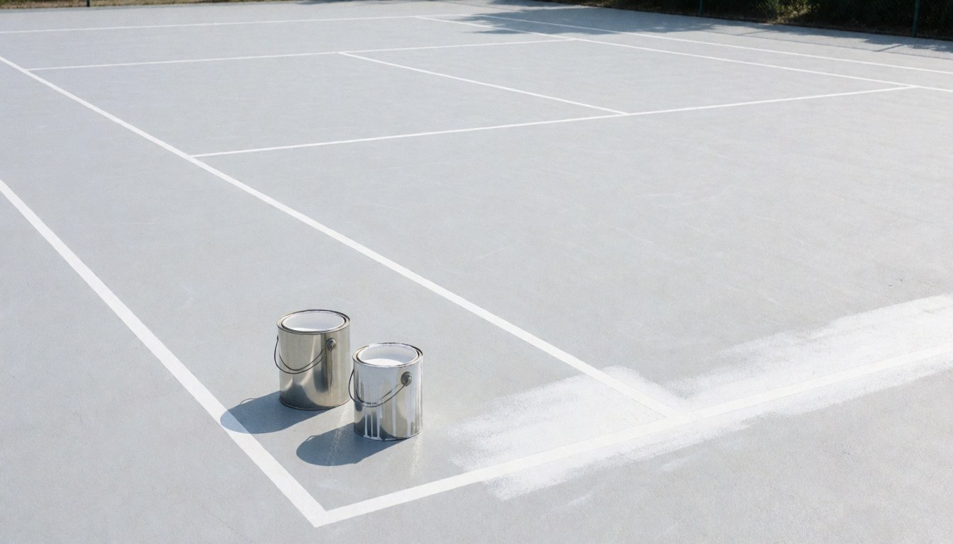 Two white paint cans resting on a tennis court with freshly painted white lines, suitable for tennis court installation services