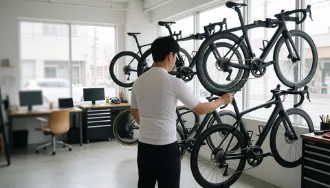 A professional technician adjusts the saddle of a carbon road bike in a modern workshop with large windows and visible tools.