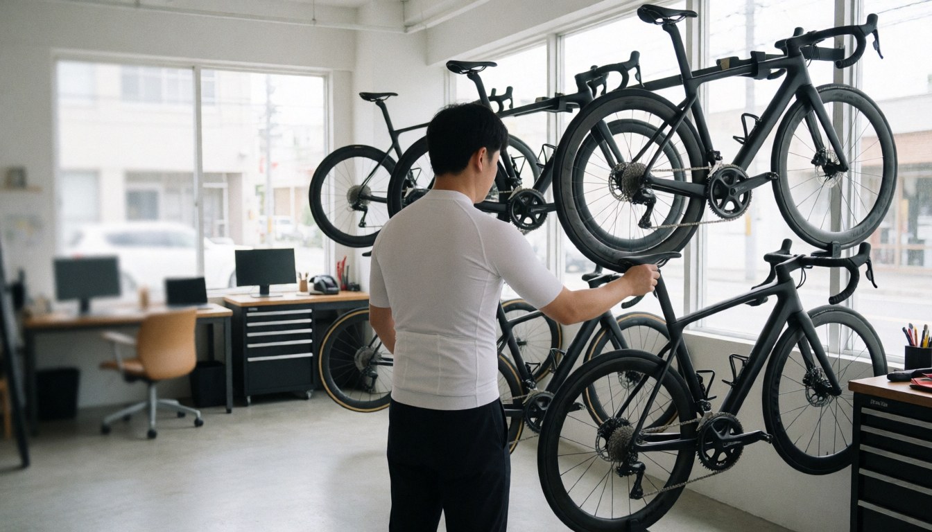 A professional technician adjusts the saddle of a carbon road bike in a modern workshop with large windows and visible tools.